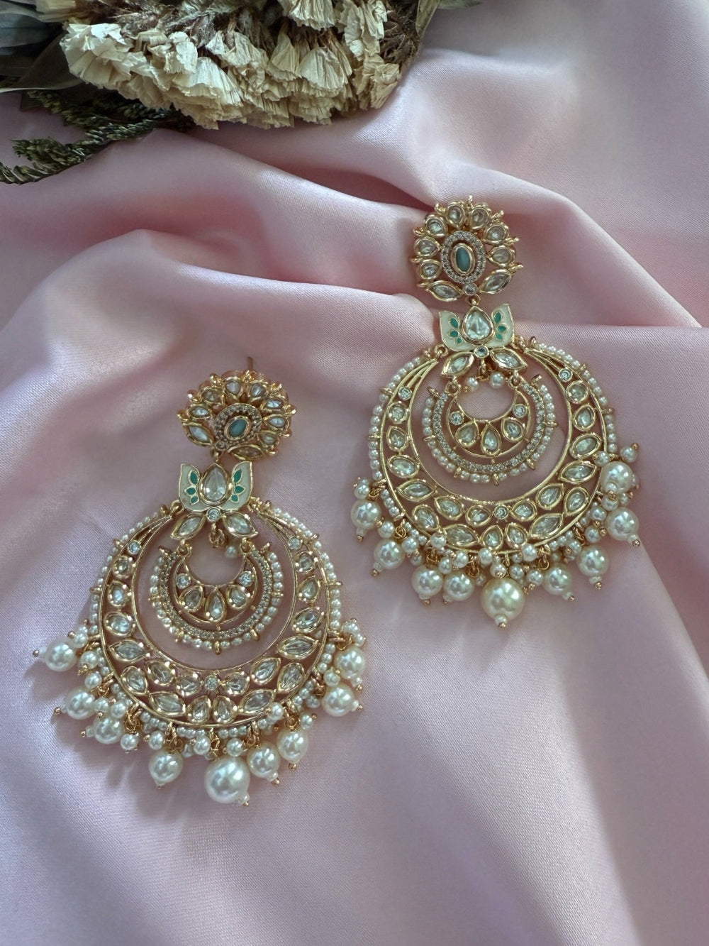 Savi White Pearl Chandbali Earrings