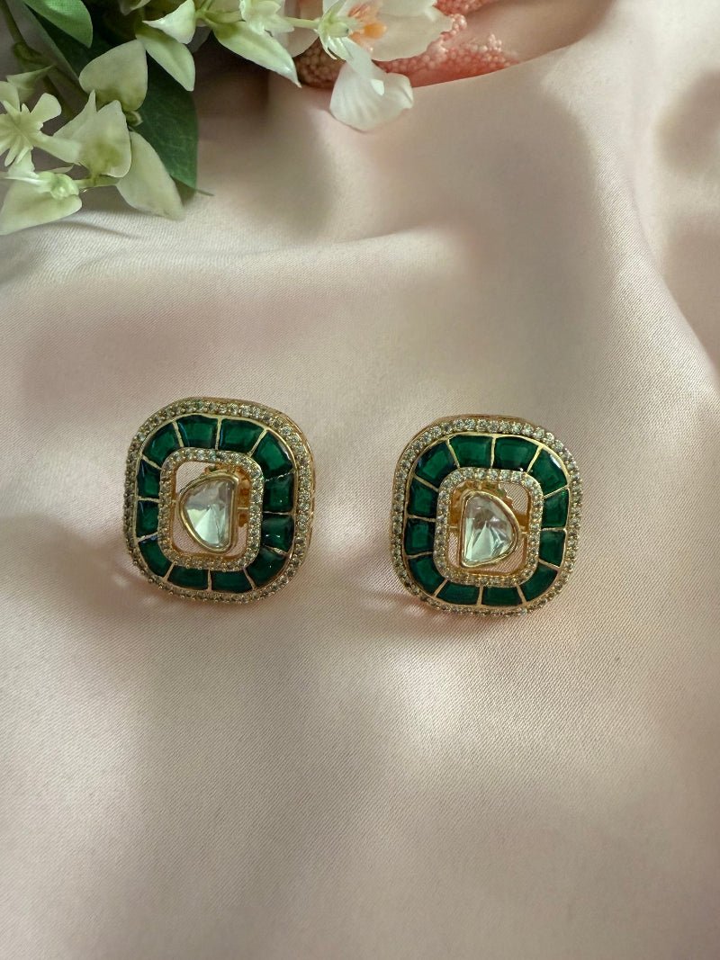 Vamya Emerald Green Moissanite Polki Studs