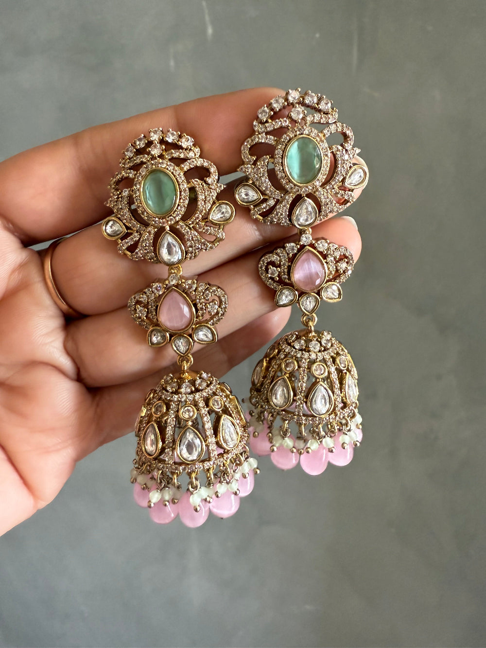 Kashvi Pastel Pink and Green Antique Finish Earrings