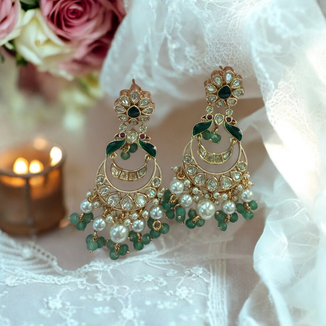 Kaveri Light Green Moissanite Polki Earrings